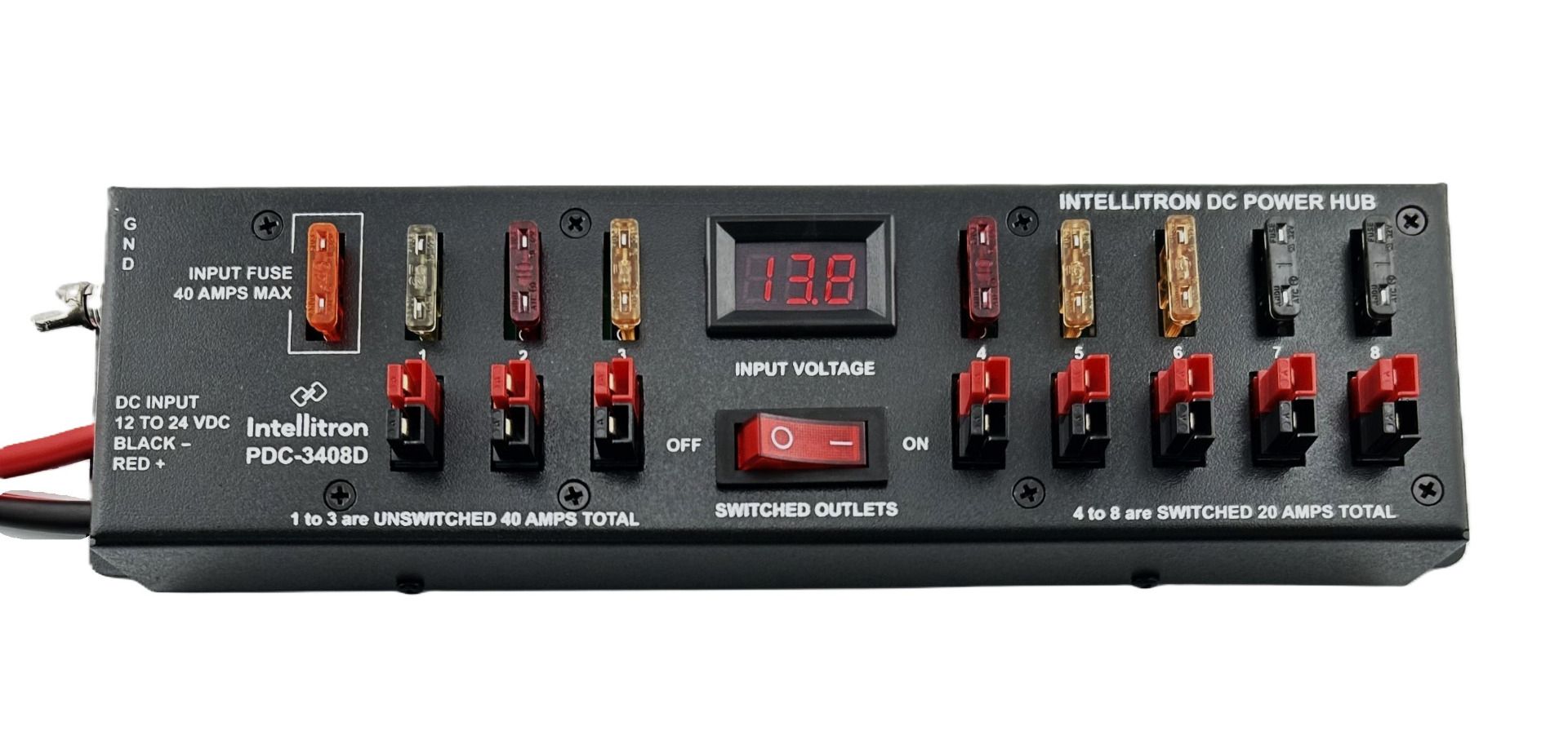 Intellitron PDC-3408D 40A DC Power Hub, 8 Outlets, Fuses, On/Off Switch ...